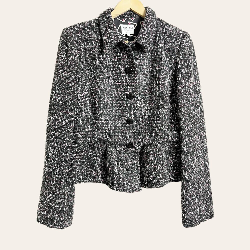 Armani Collezioni Black Pink Tweed Peplum Ruffle Hem Button Front Jacket 10